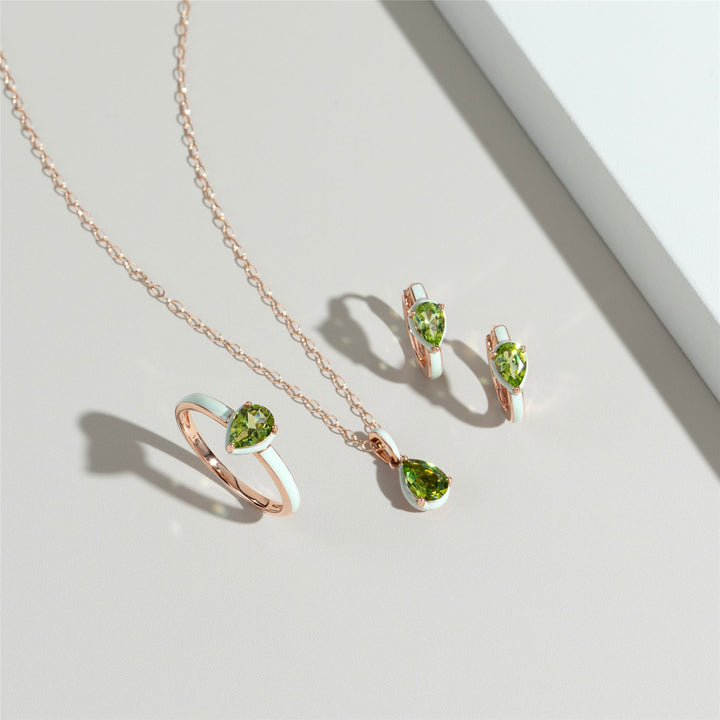 Siberian Waltz Green Enamel & Pear Peridot Hoop Earrings In Rose Gold Vermeil