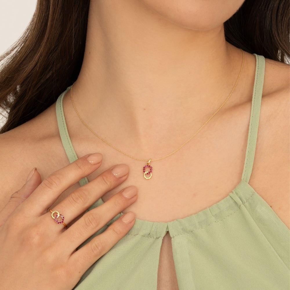 Geometric Hexagon and Round Linked with Prong Set Ruby Ring in 9ct Yellow Gold