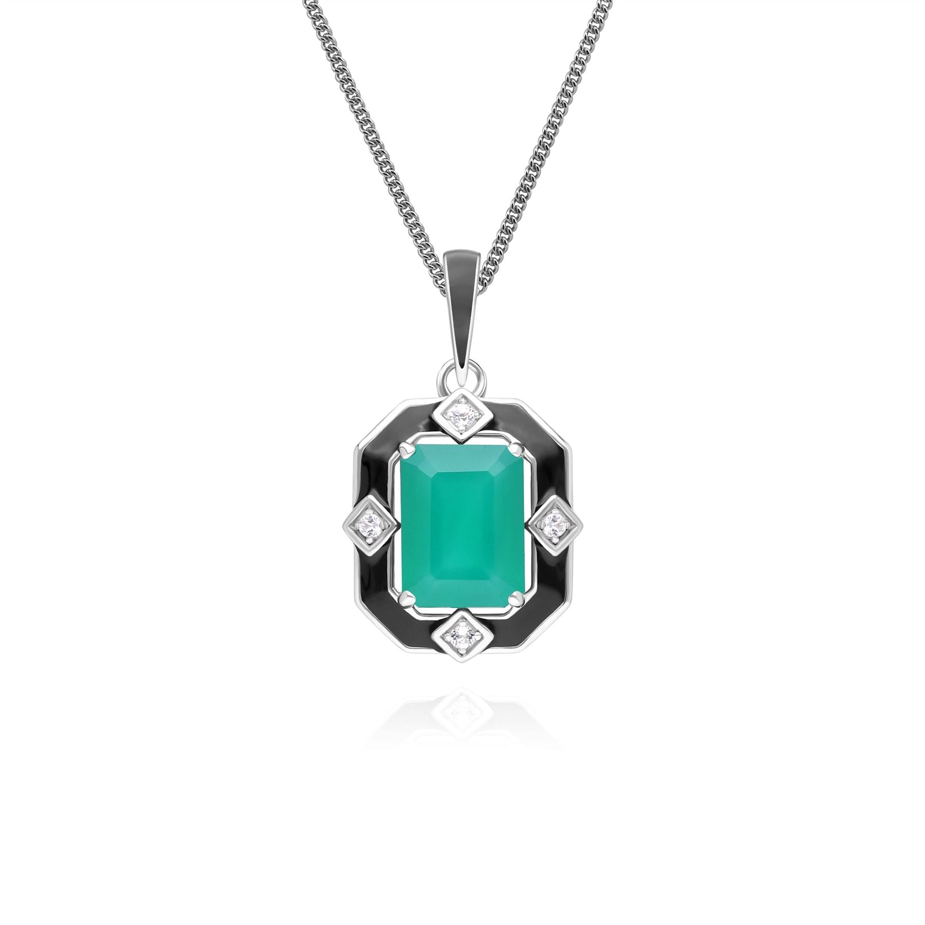 Grand Deco Black Enamel, Chalcedony & Topaz Pendant Necklace in Sterling Silver