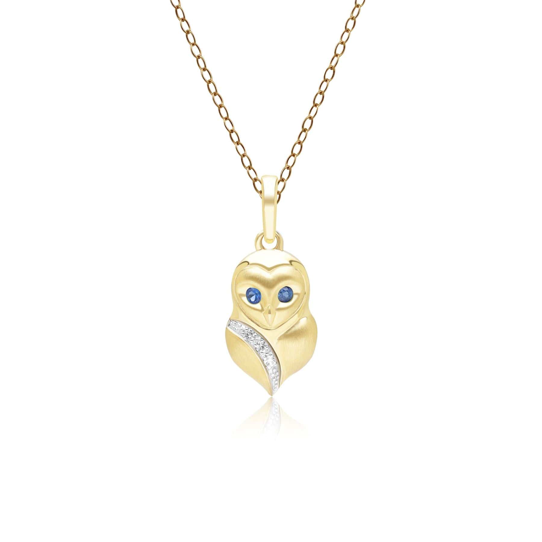135P2128039 Gardenia Sapphire and White Sapphire Owl Pendant Necklace in 9ct Yellow Gold Front