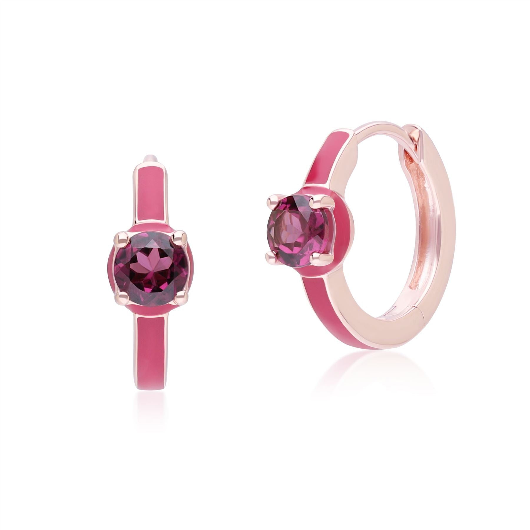 Siberian Waltz Pink Enamel & Round Rhodolite Hoop Earrings In Rose Gold Vermeil