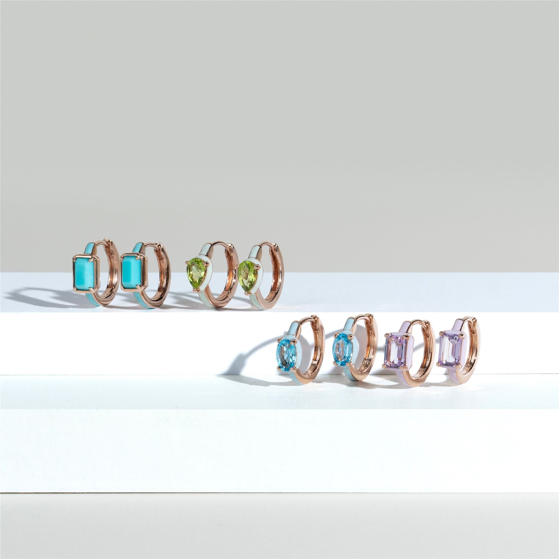 Siberian Waltz Blue Enamel & Octagon Turquoise Hoop Earrings In Rose Gold Vermeil