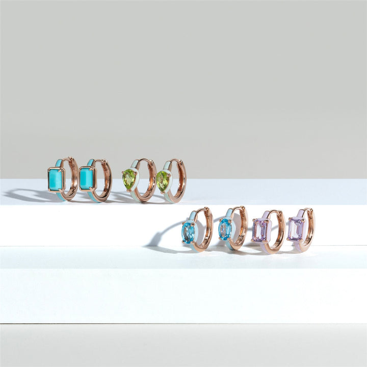 Siberian Waltz Blue Enamel & Octagon Turquoise Hoop Earrings In Rose Gold Vermeil