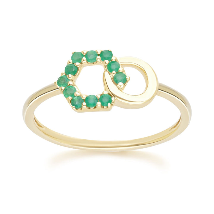 Geometric Hexagon and Round Linked with Prong Set Emerald Ring in 9ct Yellow Gold