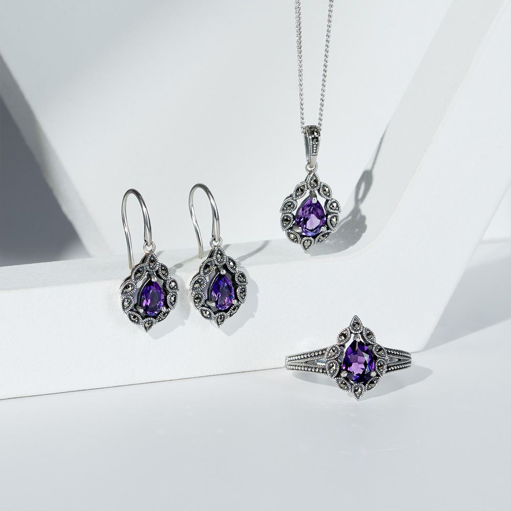 Art Deco Style Pear Amethyst & Marcasite Drop Earrings in Sterling Silver
