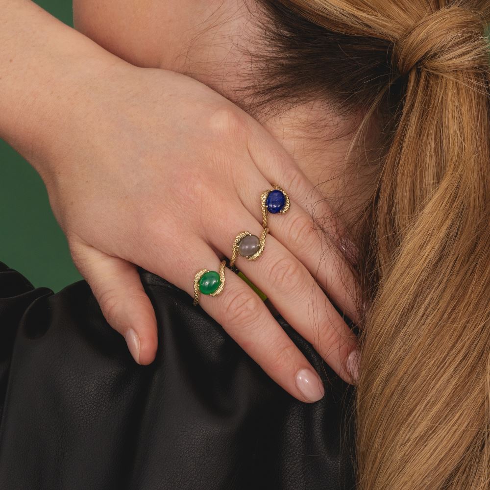 ECFEW™ Oval black moonstone by pass snake set cabochon ring in gold vermeil sterling silver