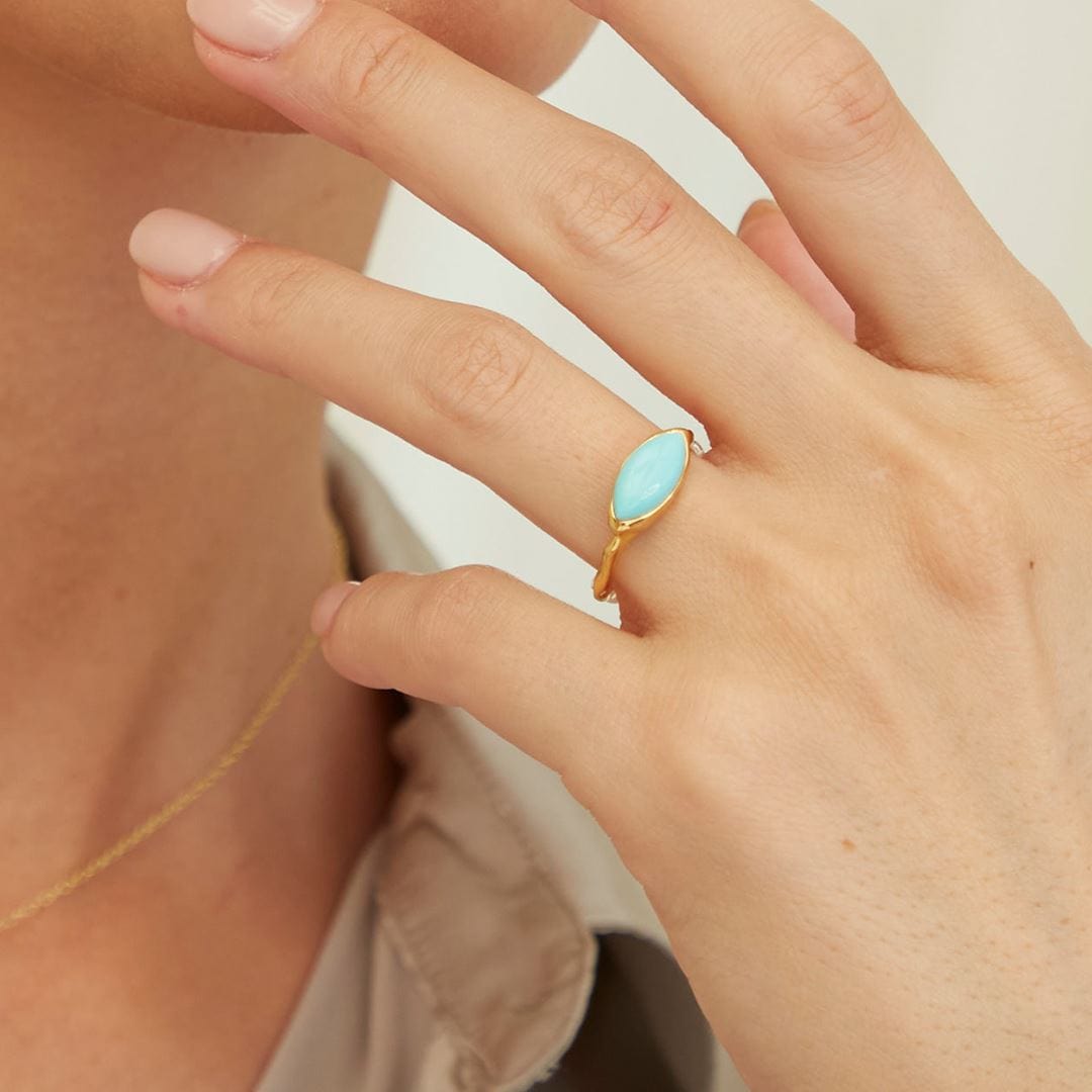 253R710103925 Irregular Marquise Turquoise Ring In 18ct Gold Plated SterlIng Silver On Model