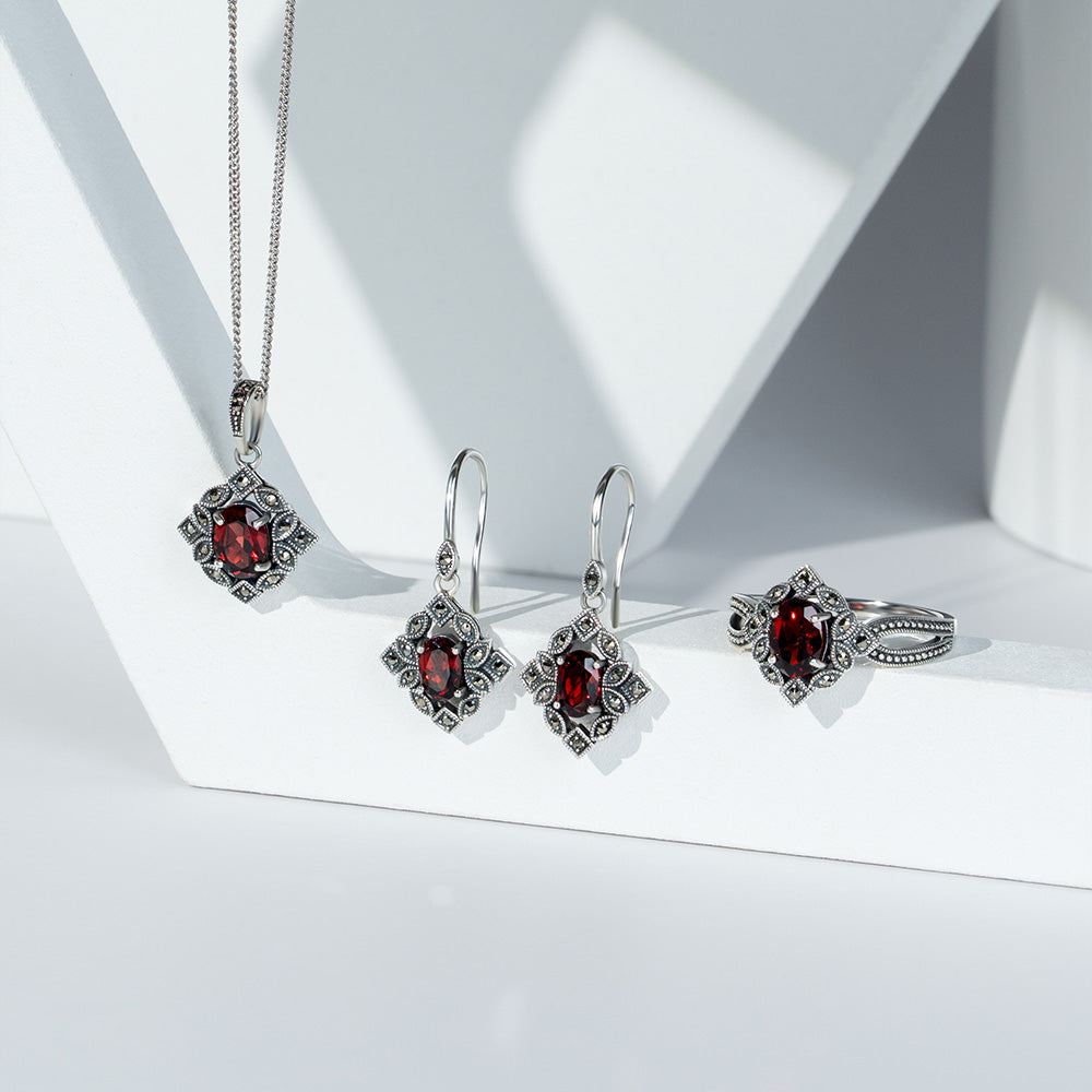 Art Deco Style Oval Garnet & Marcasite Ring in Sterling Silver