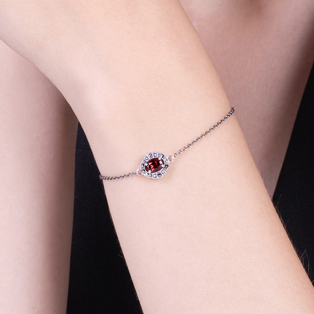 Art Deco Style Oval Garnet & Marcasite Cluster Bracelet
