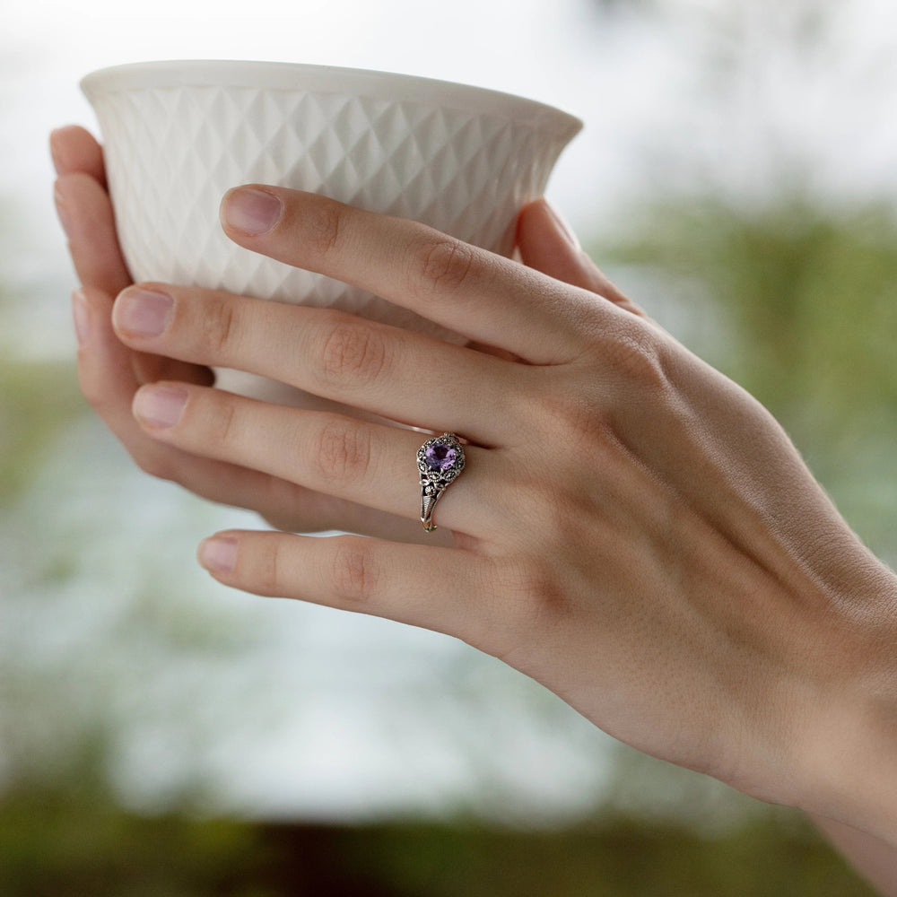art-nouveau-style-round-amethyst-marcasite-floral-ring-in-sterling-silver-214r524702925 on model