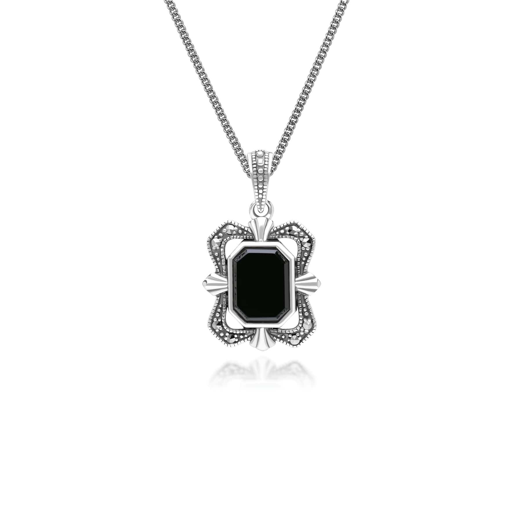 Art Deco Style Baguette Onyx and Marcasite Pendant Necklace in Sterling Silver 214P334502925 