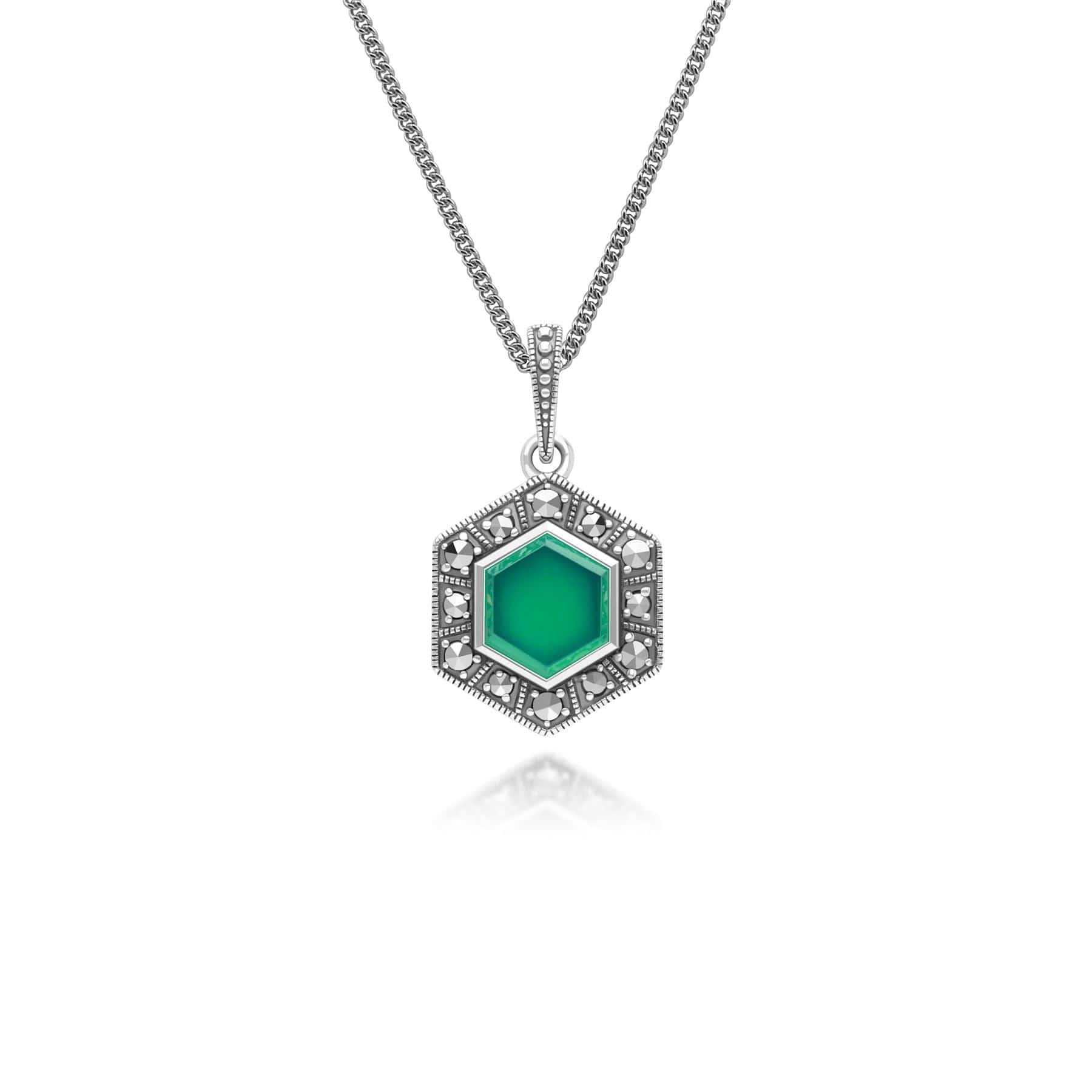 Art Deco Style Hexagon Chalcedony and Marcasite Pendant Necklace in Sterling Silver 214P333901925 