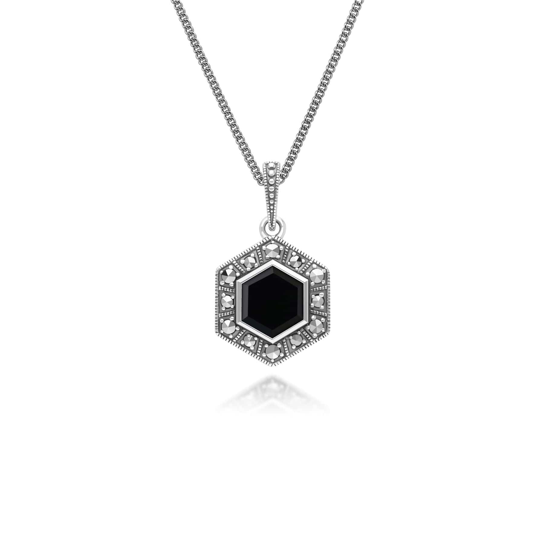Art Deco Style Hexagon Onyx and Marcasite Pendant Necklace in Sterling Silver 214P333902925 
