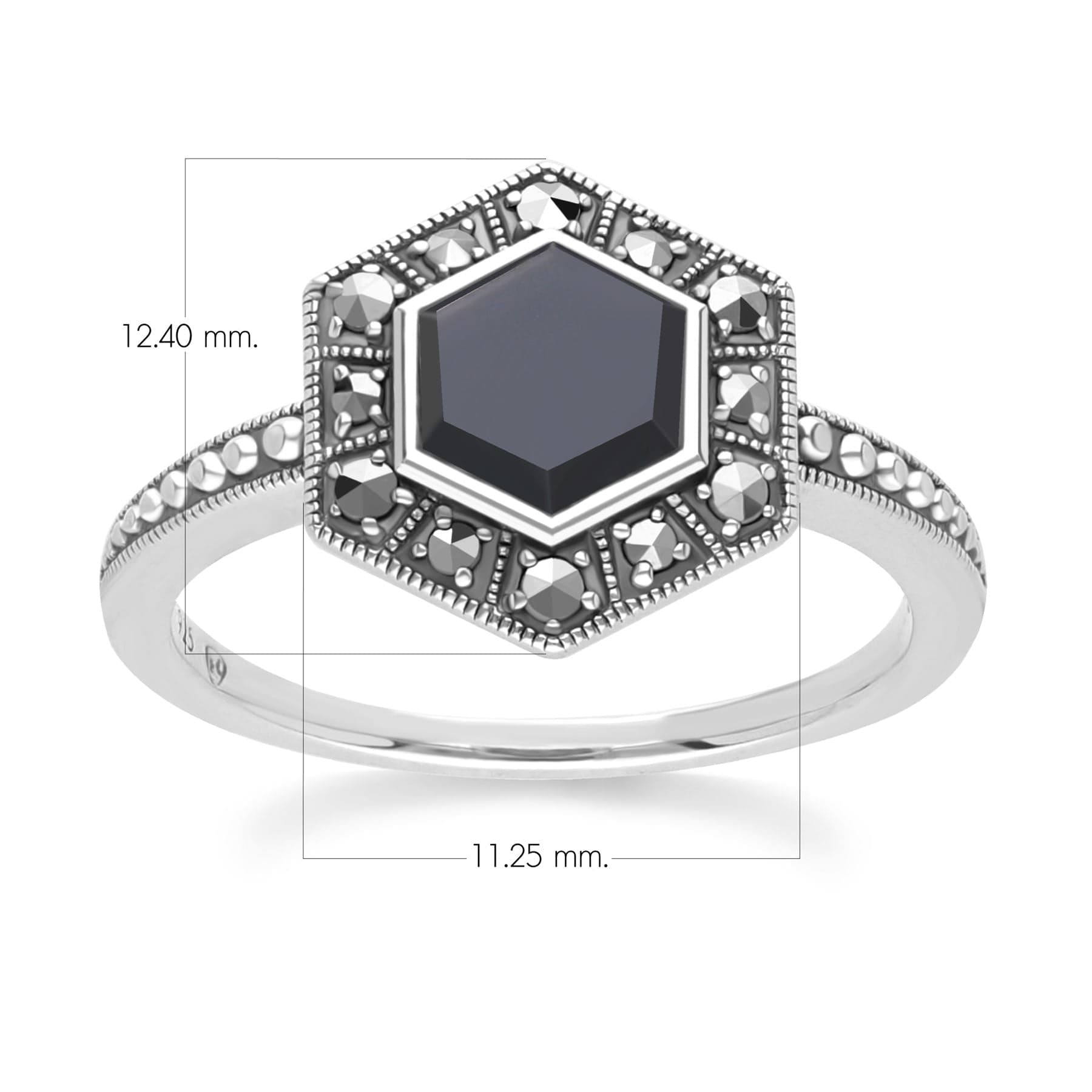 Art Deco Style Hexagon Onyx and Marcasite Ring in Sterling Silver 214R641802925 Dimensions