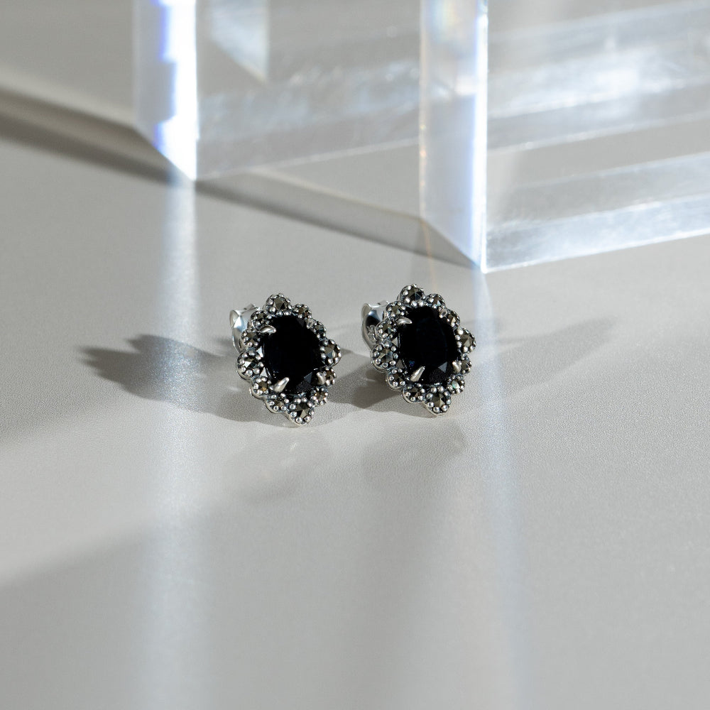 Art Deco Style Oval Black Spinel & Marcasite Stud Earrings in 925 Sterling Silver flatlay