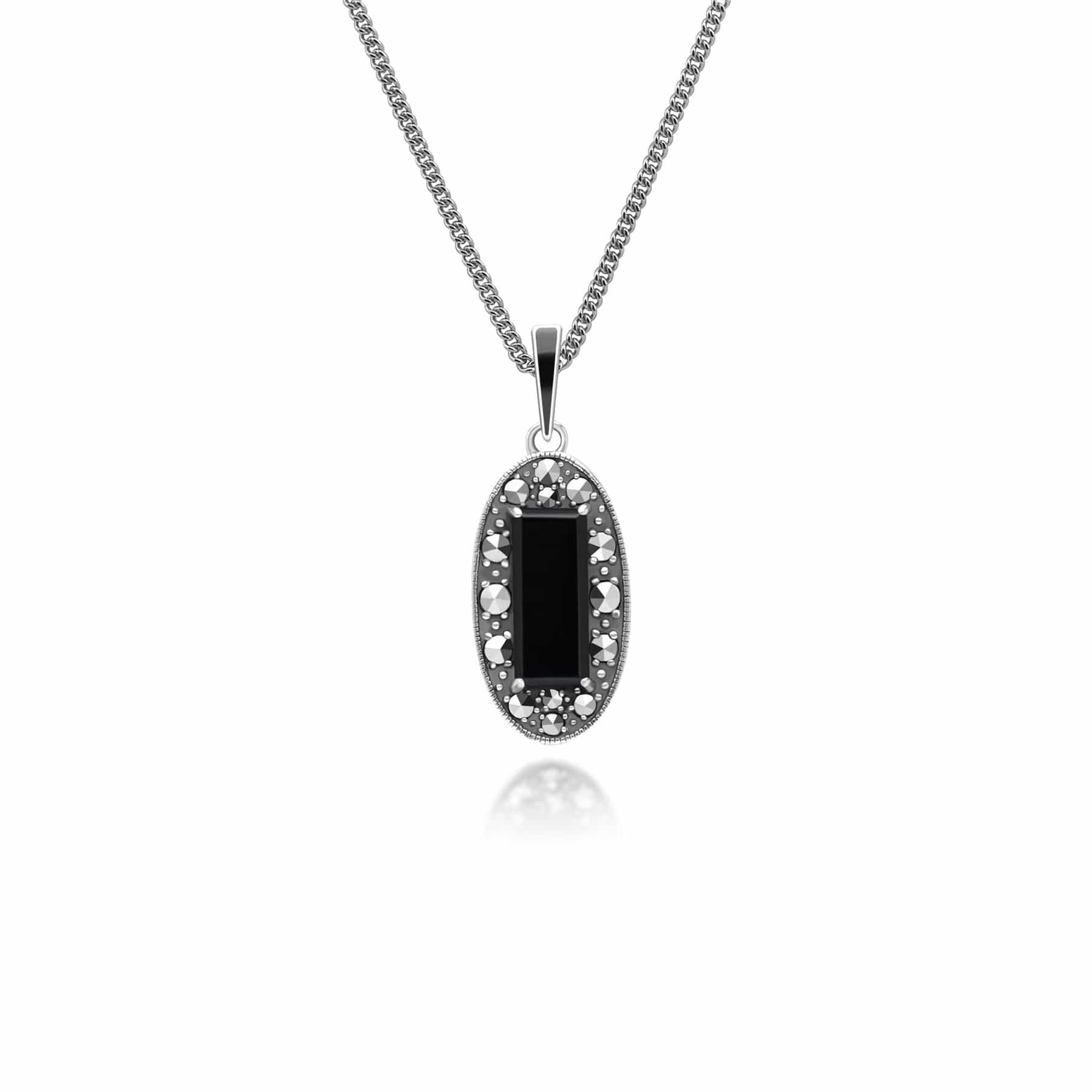 Art Deco Style Oval Onyx, Marcasite and Black Enamel Pendant Necklace in Sterling Silver 214P334402925 