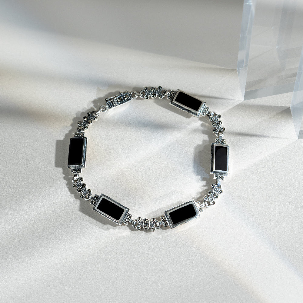 Art Deco Style Rectangle Black Onyx & Marcasite Bracelet flatlay