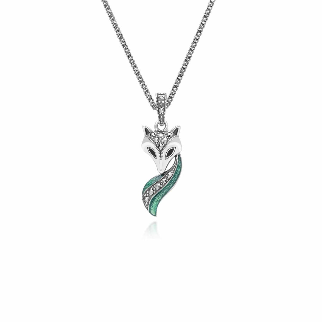 Art Nouveau Style Marcasite, Green and Black Enamel Fox Pendant Necklace in Sterling Silver 214P333801925 
