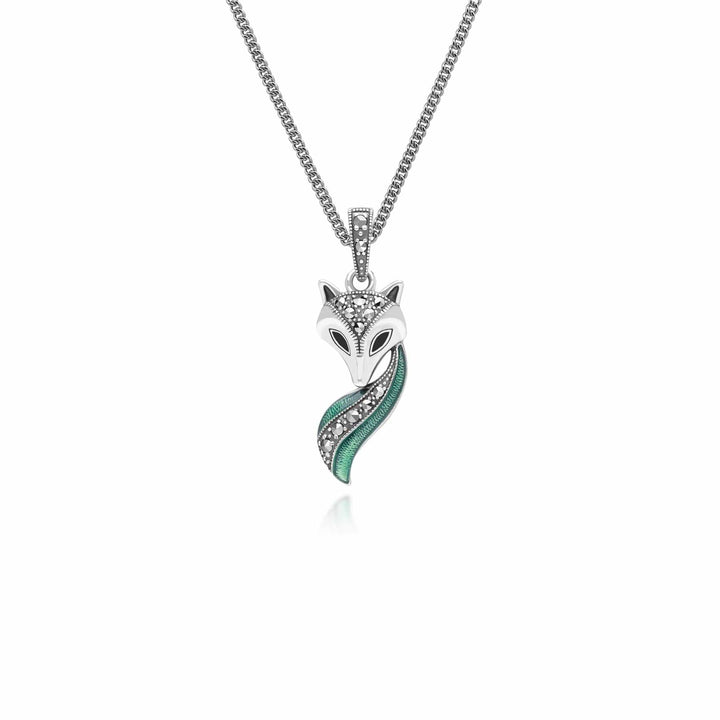 Art Nouveau Style Marcasite, Green and Black Enamel Fox Pendant Necklace in Sterling Silver 214P333801925 