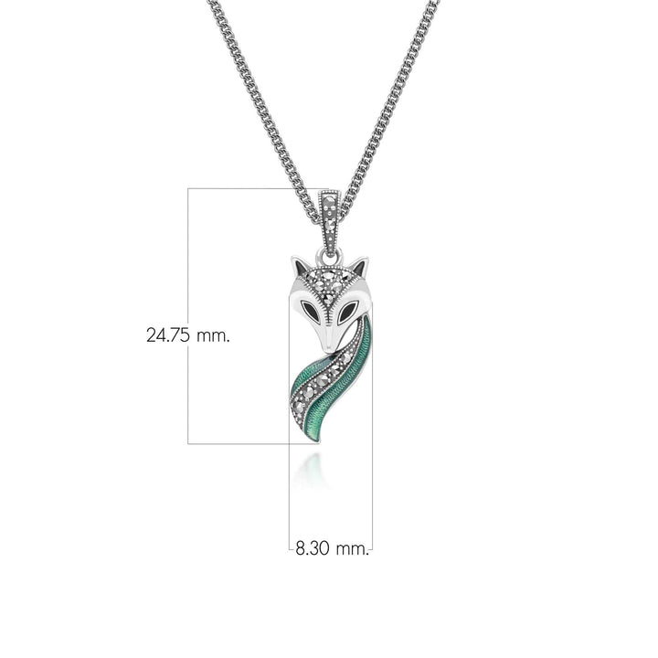 Art Nouveau Style Marcasite, Green and Black Enamel Fox Pendant Necklace in Sterling Silver 214P333801925 Dimensions