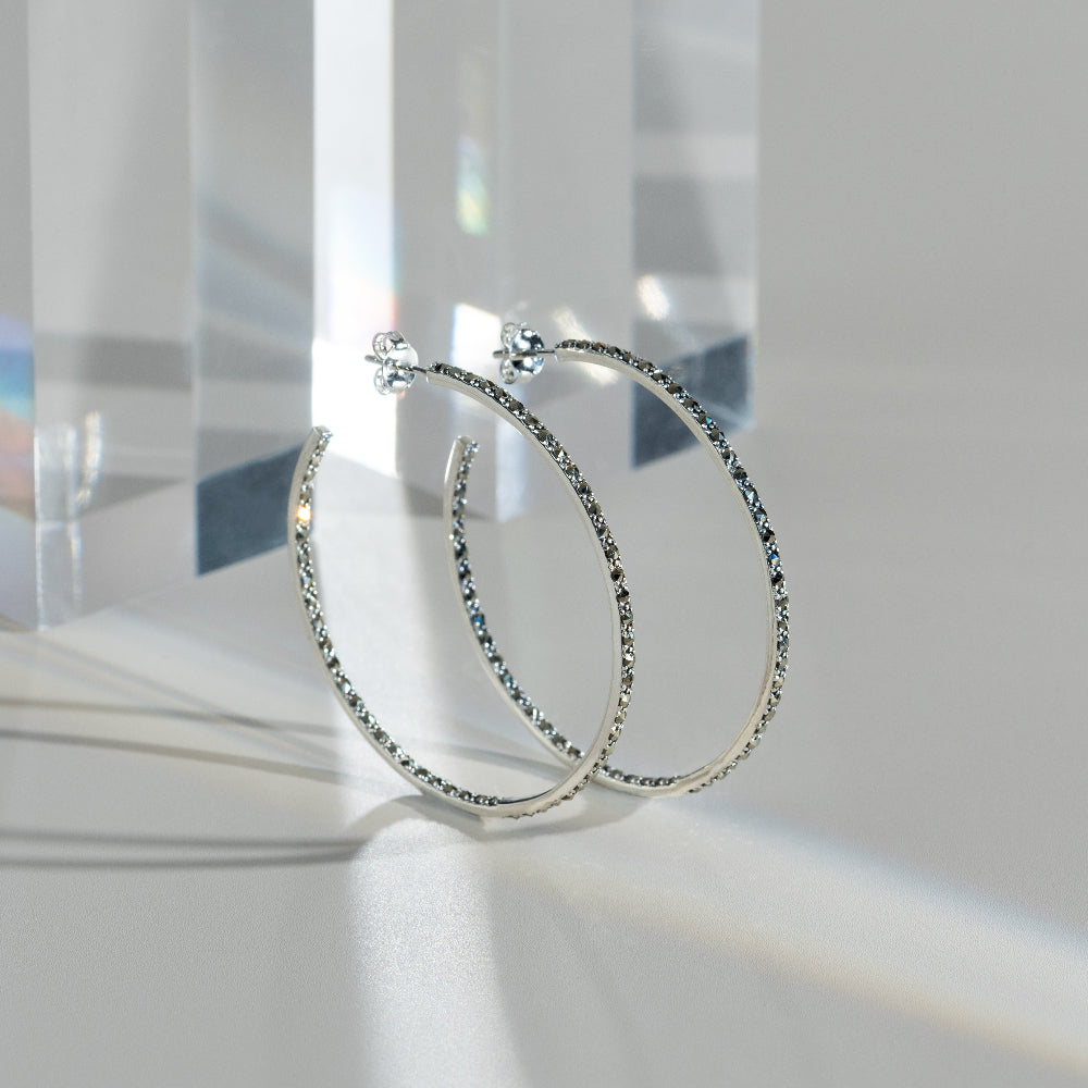 Classic Round Marcasite Large Hoop Earrings in 925 Sterling Silver flatlay