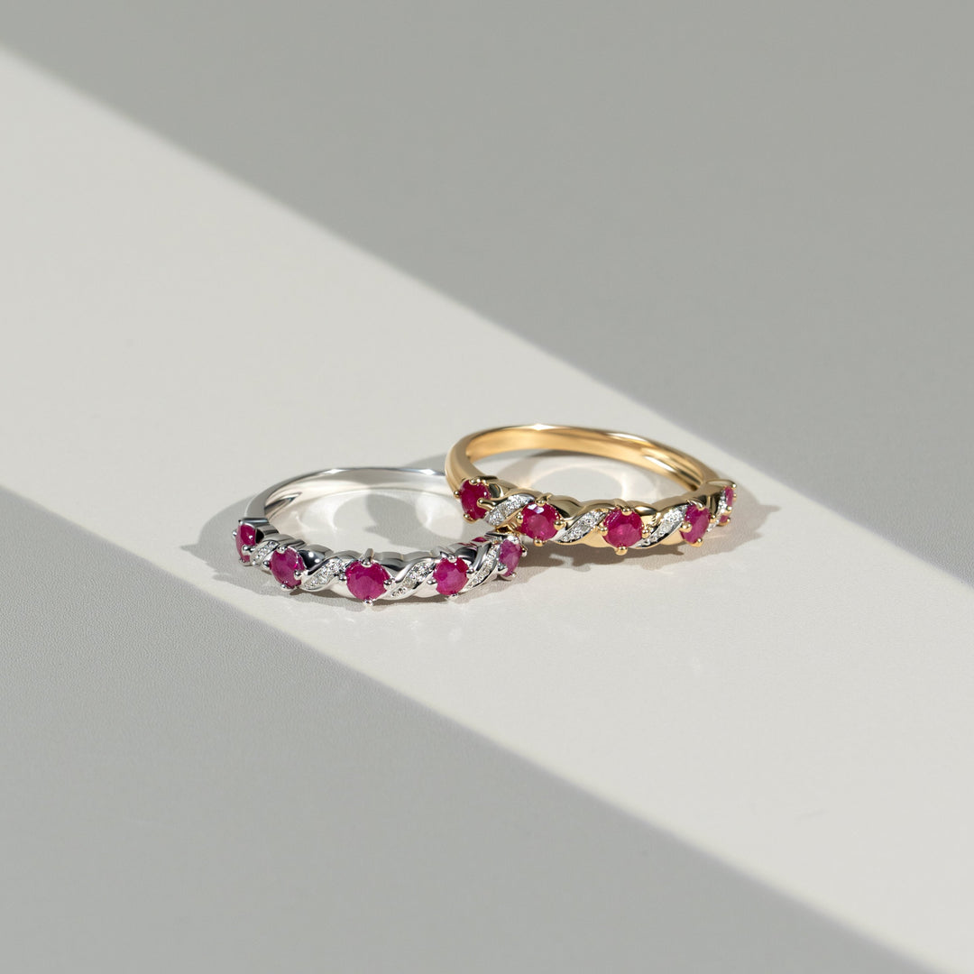Classic Art Nouveau Round Ruby & Diamond Half Eternity Ring In 9ct Yellow Gold