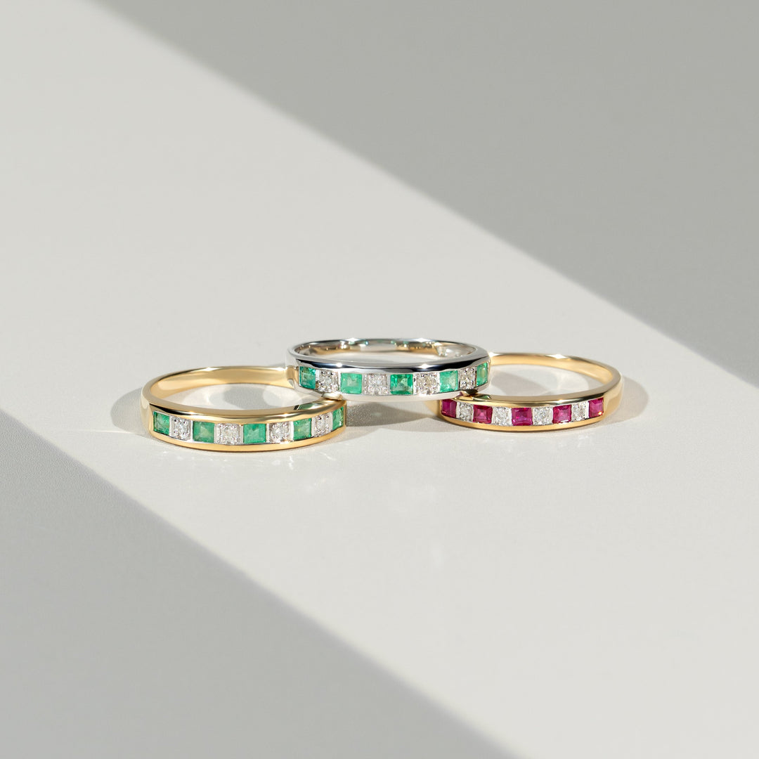 Classic Square Emerald & Diamond Half Eternity Ring in 9ct Yellow Gold