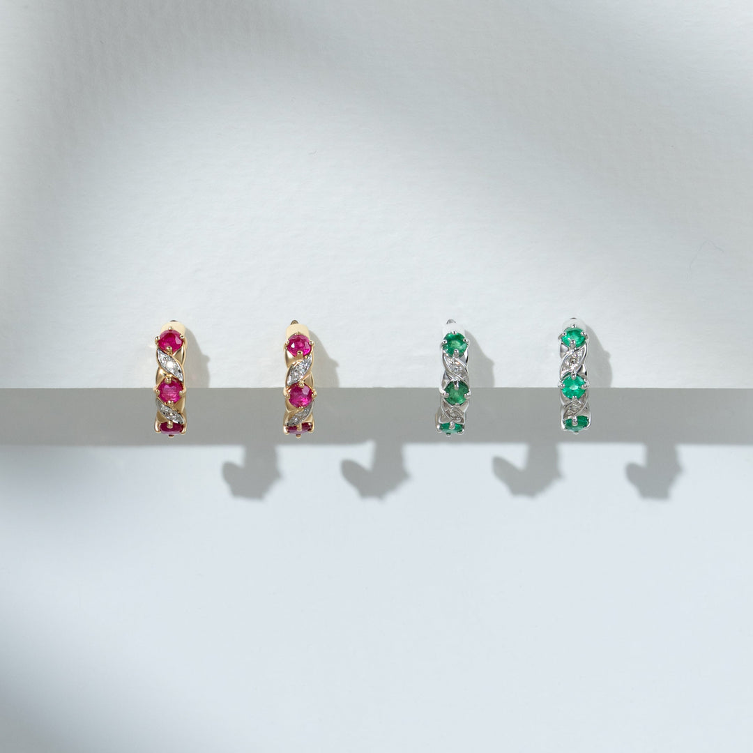 Classic Round Emerald & Diamond Half Hoop Earrings in 9ct White Gold