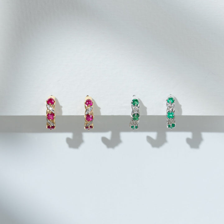 Classic Round Emerald & Diamond Half Hoop Earrings in 9ct White Gold