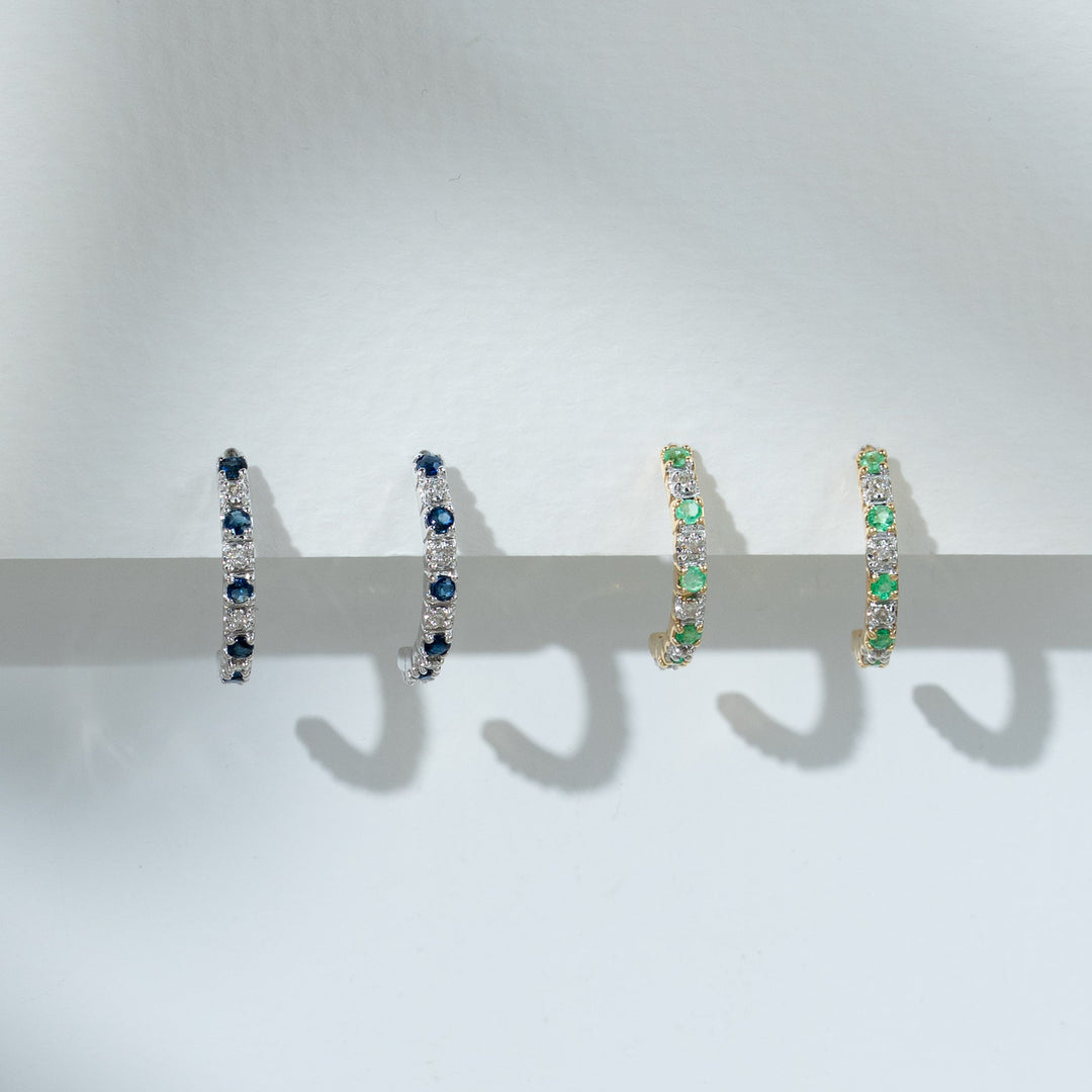 Classic Round Sapphire & Diamond Half Hoop Style Earrings in 9ct White Gold