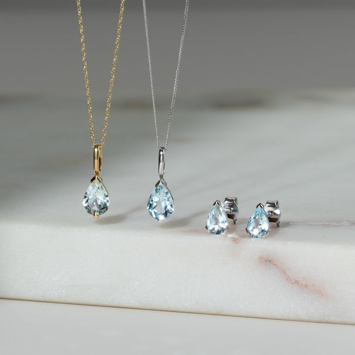 Classic Pear Aquamarine Single Stone Stud Earrings & Pendant Set in 9ct White Gold