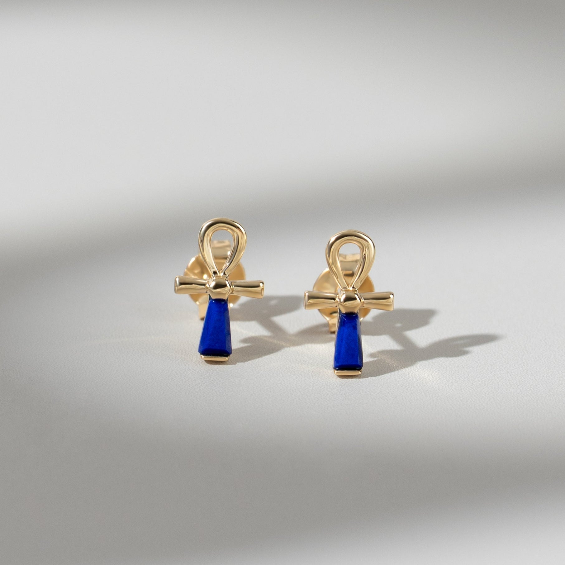 ECFEW™ Lapis Lazuli Ankh Stud Earrings In 9ct Yellow Gold