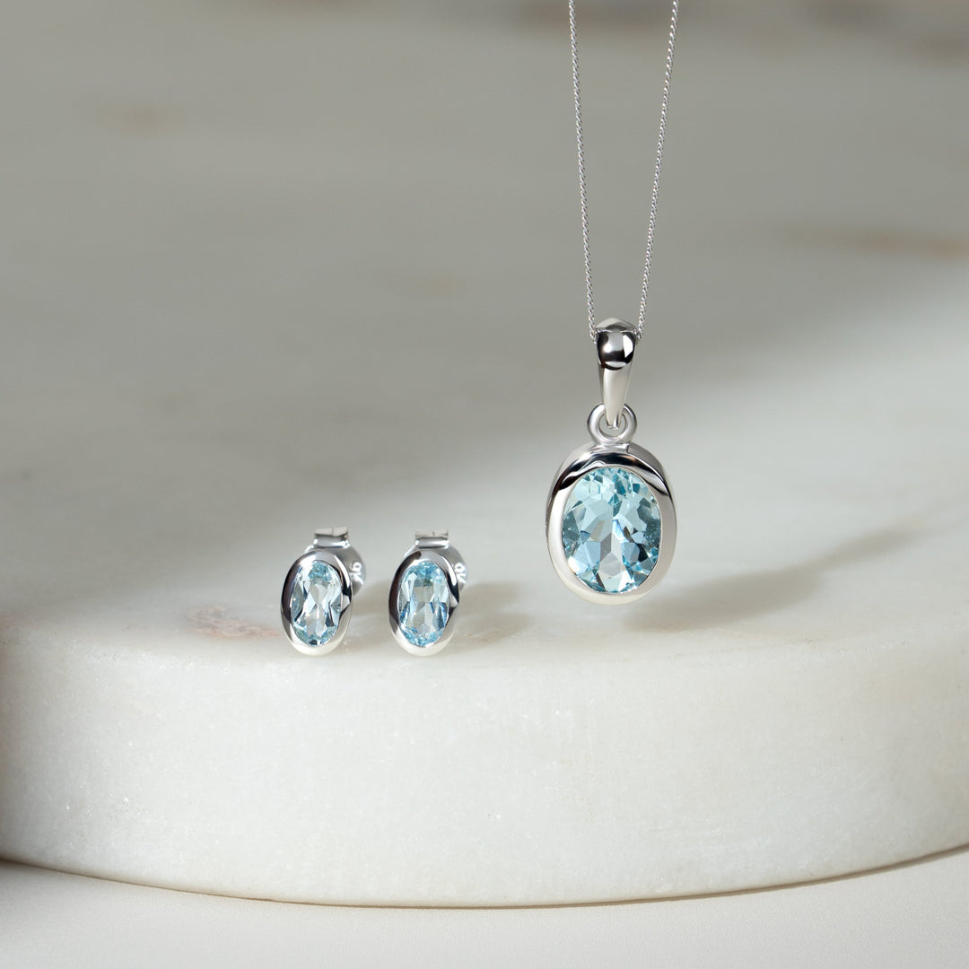 Classic Oval Aquamarine Bezel Stud Earrings & Pendant Set in 9ct White Gold