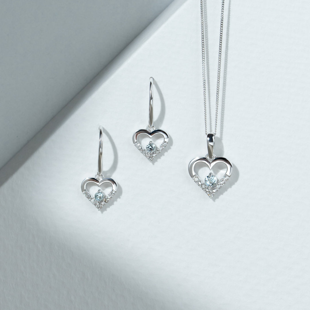 Classic Round Aquamarine & Diamond Heart Drop Earrings & Pendant Set in 9ct White Gold