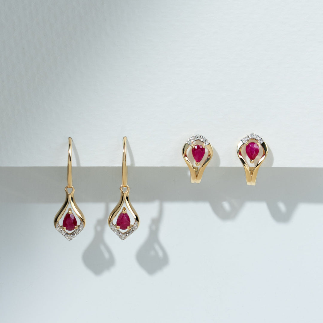Classic Pear Ruby & Diamond Leaf Halo Drop Earrings in 9ct Yellow Gold