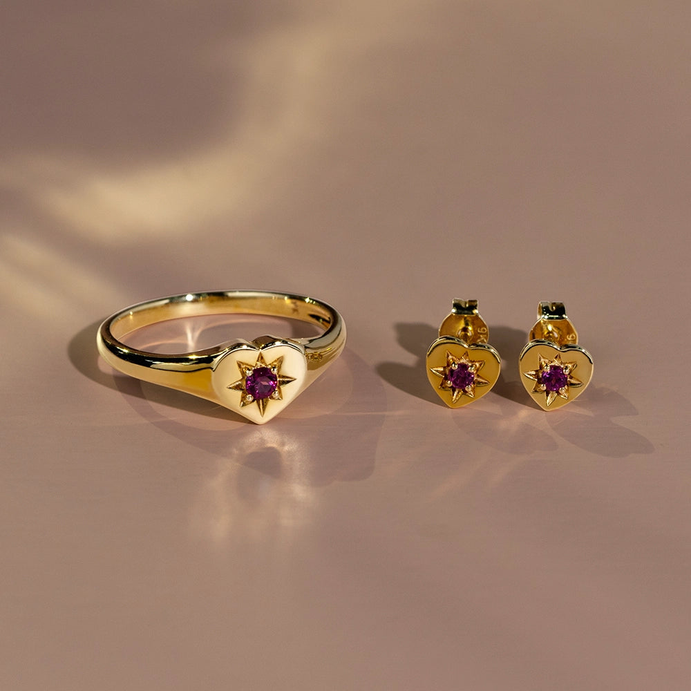 ECFEW_amethyst_heart_stud_earrings_and_ring_in_9ct_yellow_gold