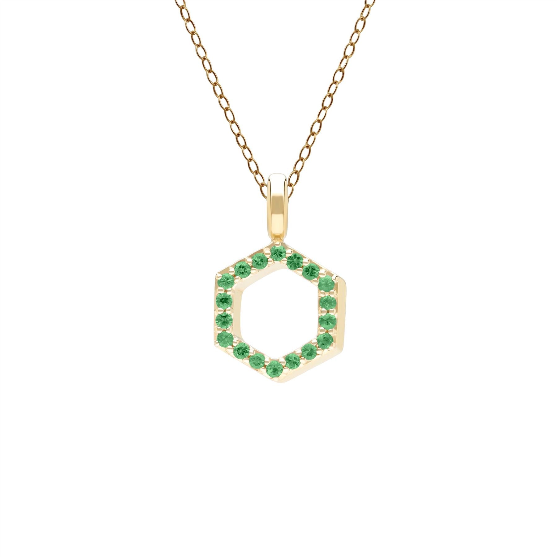 Geometric Hex Emerald Pendant Necklace in 9ct Yellow Gold Front