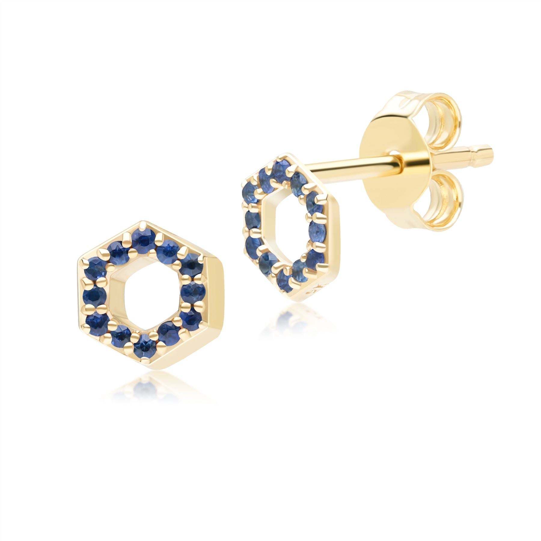 Geometric Hex Sapphire Stud Earrings in 9ct Yellow Gold Front