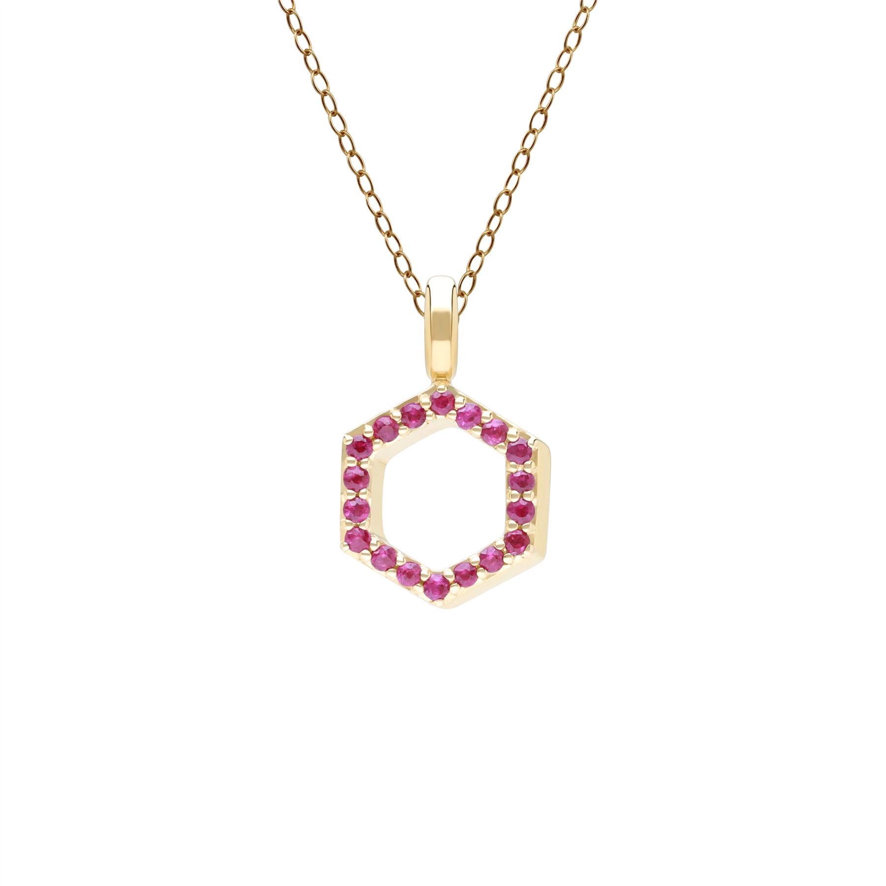 Geometric Hex ruby Pendant Necklace in 9ct Yellow Gold Front
