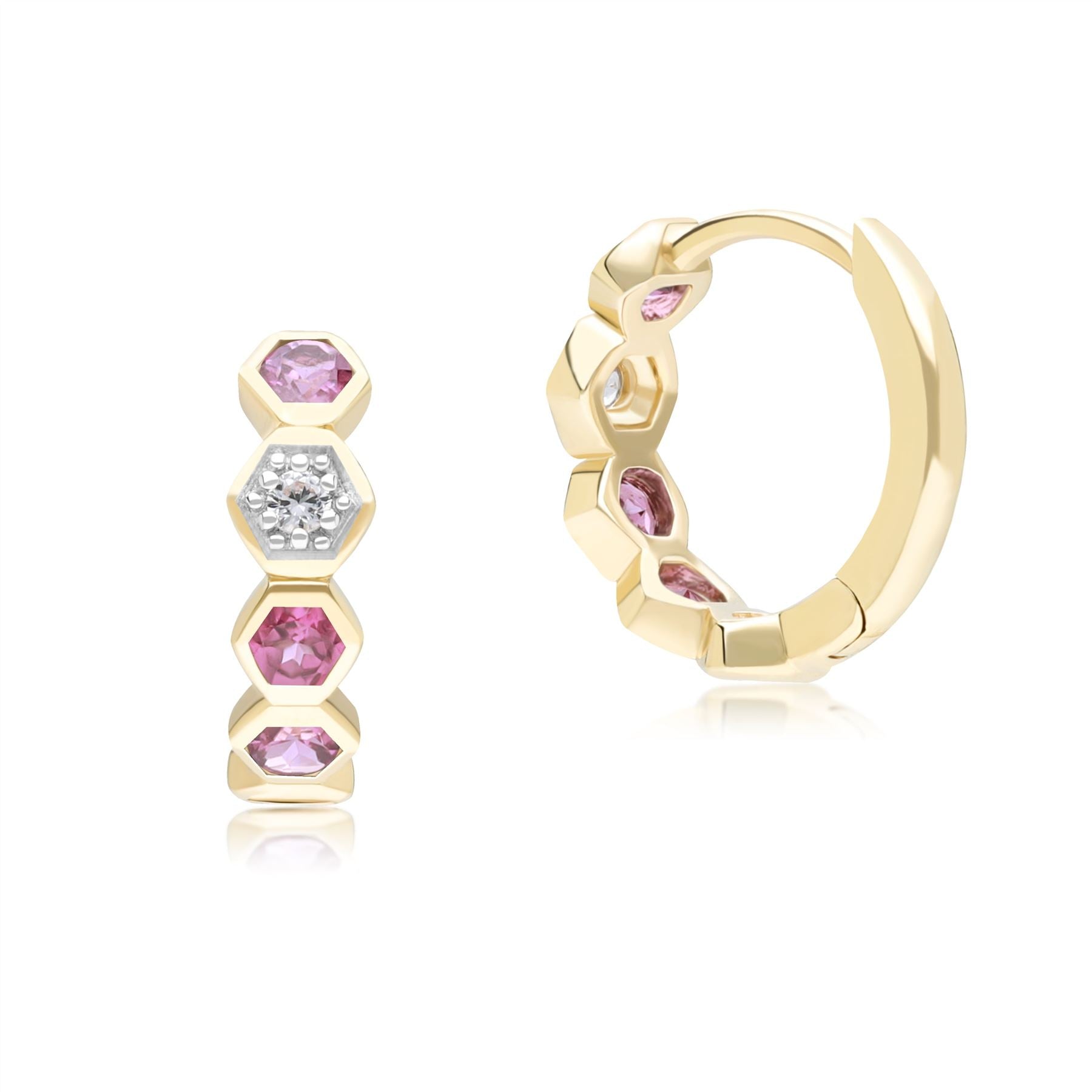 Geometric Round Rhodolite and Sapphire Hoop Earrings in 9ct Yellow Gold Back