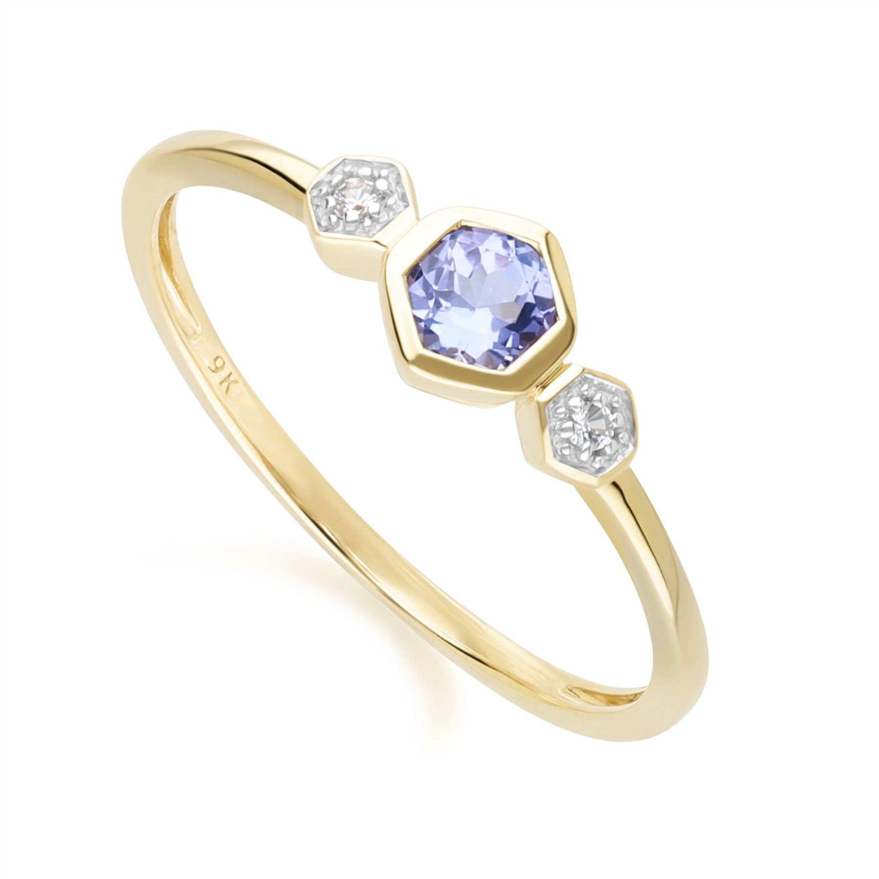 Geometric Round Tanzanite and Sapphire Ring in 9ct Yellow Gold Side