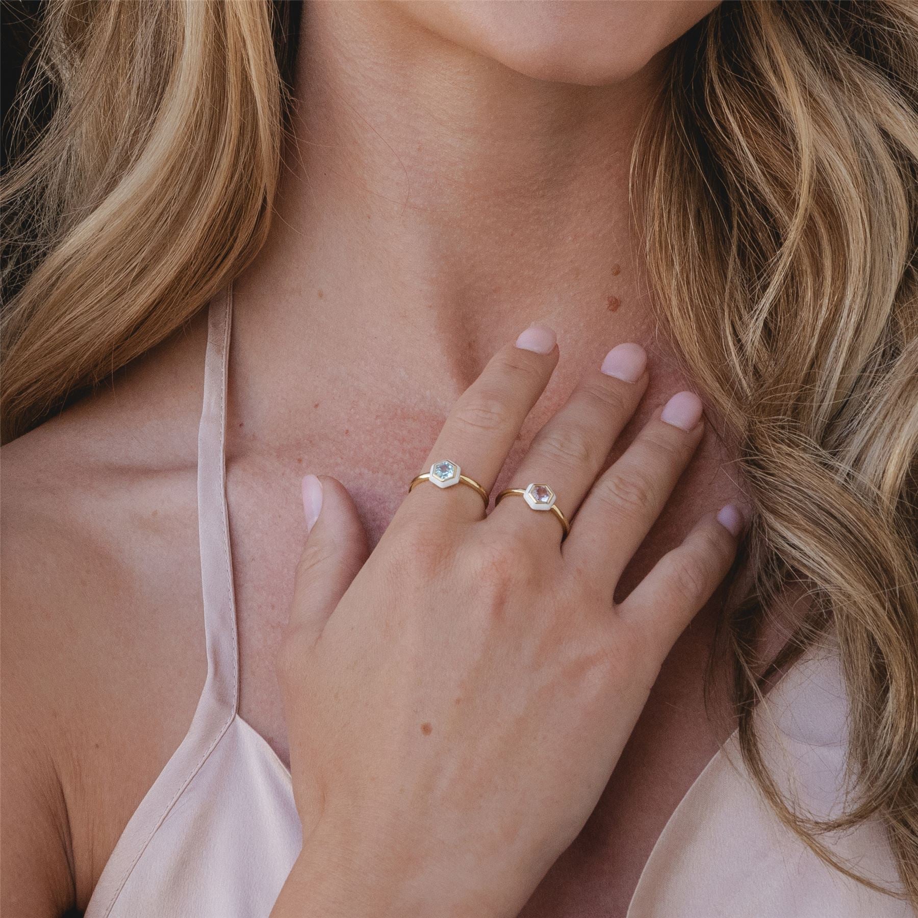 Geometric Hex Pink Amethyst and White Enamel Ring in Gold Plated Sterling Silver On Model