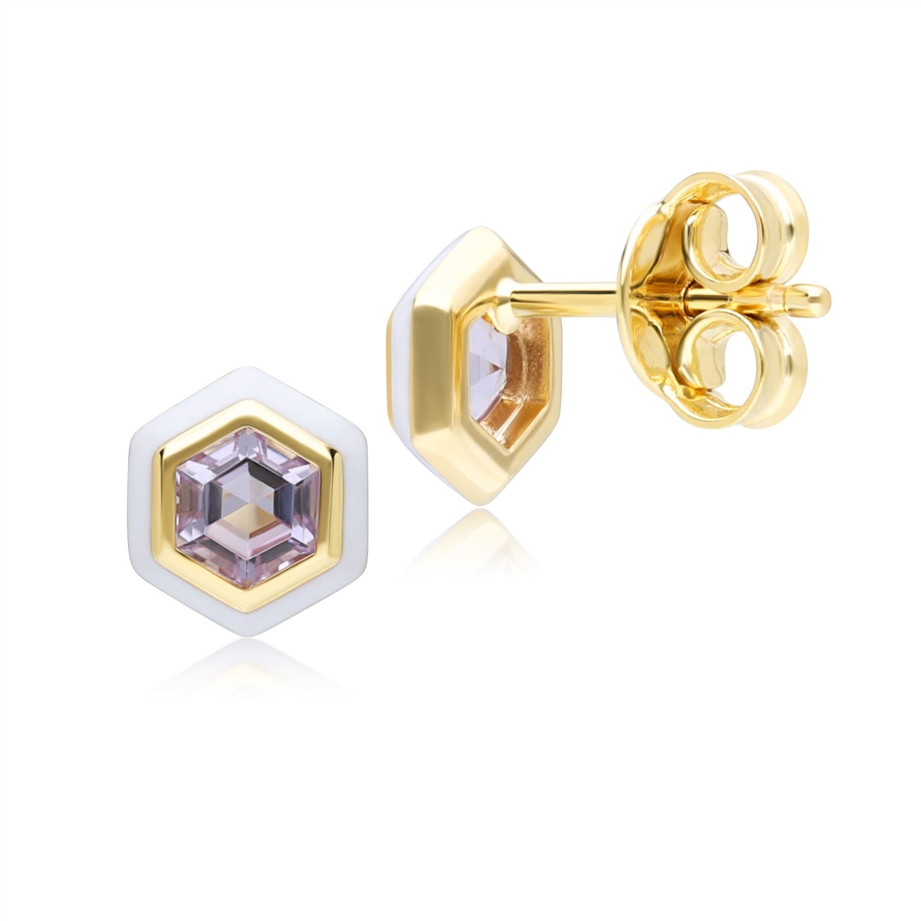 Geometric Hex Pink Amethyst and White Enamel Stud Earrings in Gold Plated Sterling Silver Back