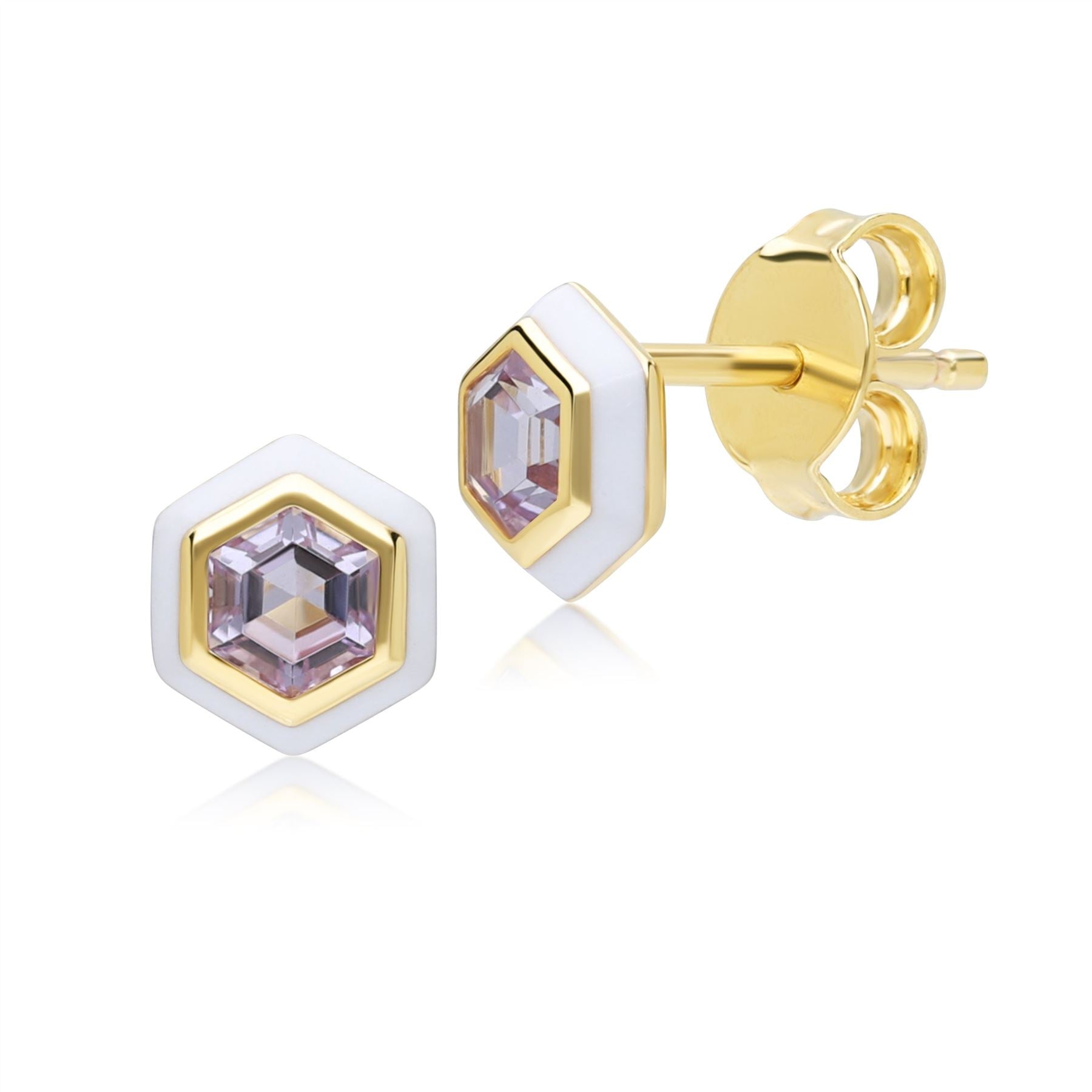 Geometric Hex Pink Amethyst and White Enamel Stud Earrings in Gold Plated Sterling Silver Front