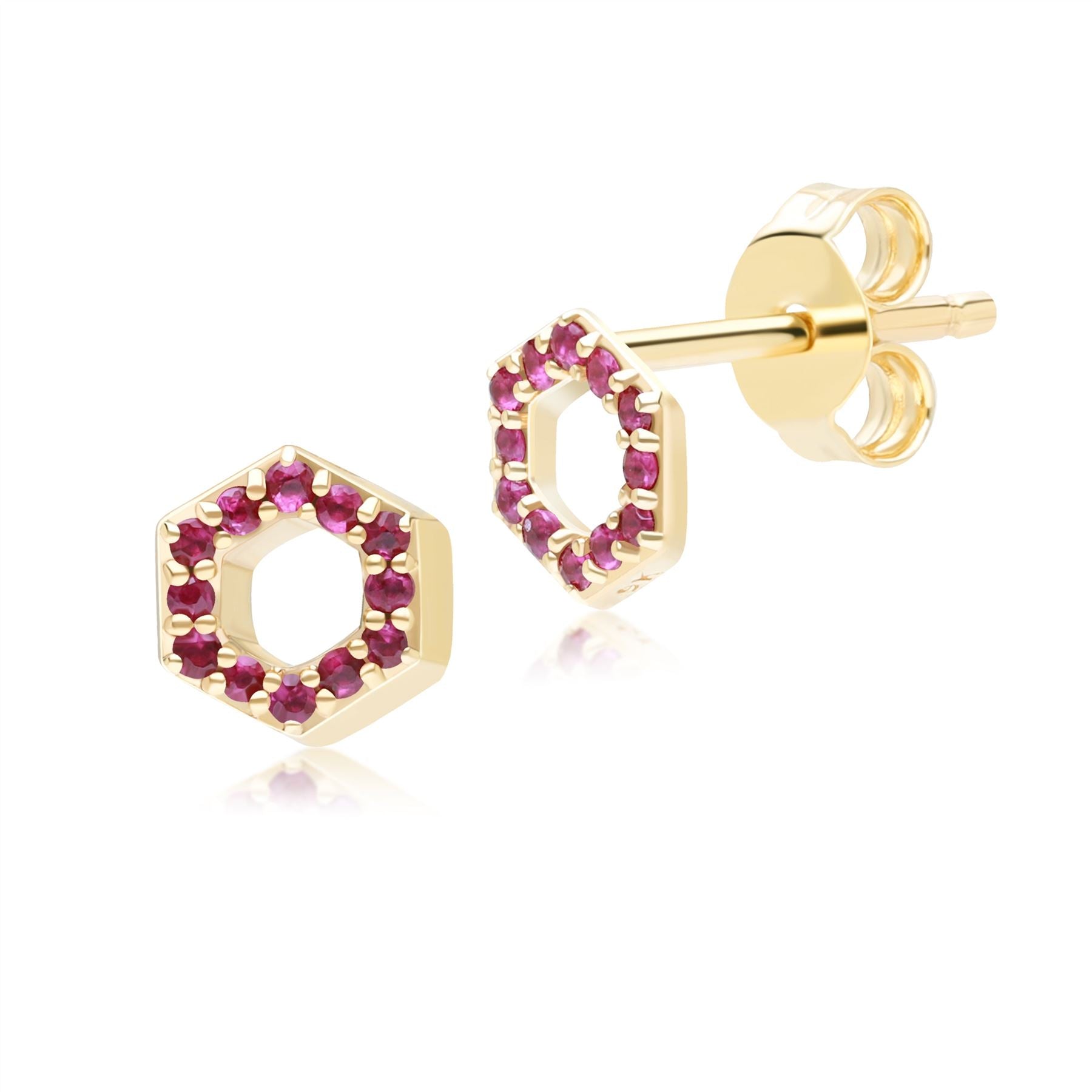 Geometric Hex Ruby Stud Earrings in 9ct Yellow Gold Front