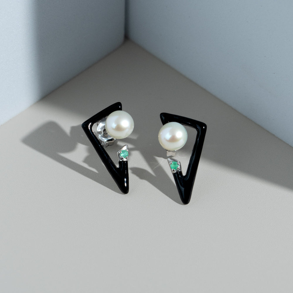 Grand Deco Enamel, Emerald & Pearl Retro Earrings In Sterling Silver flatlay