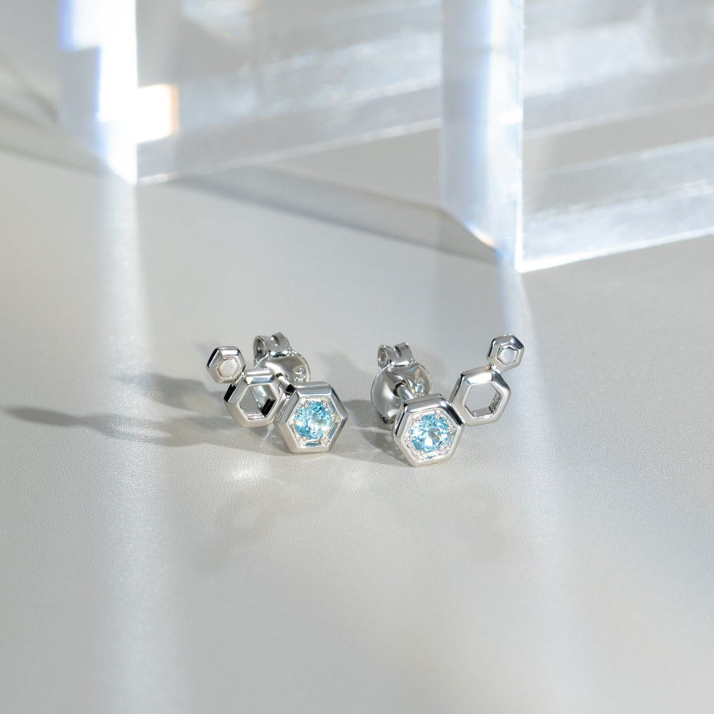 Honeycomb Blue Topaz Ear Climber Studs in 925 Sterling Silver flatlay