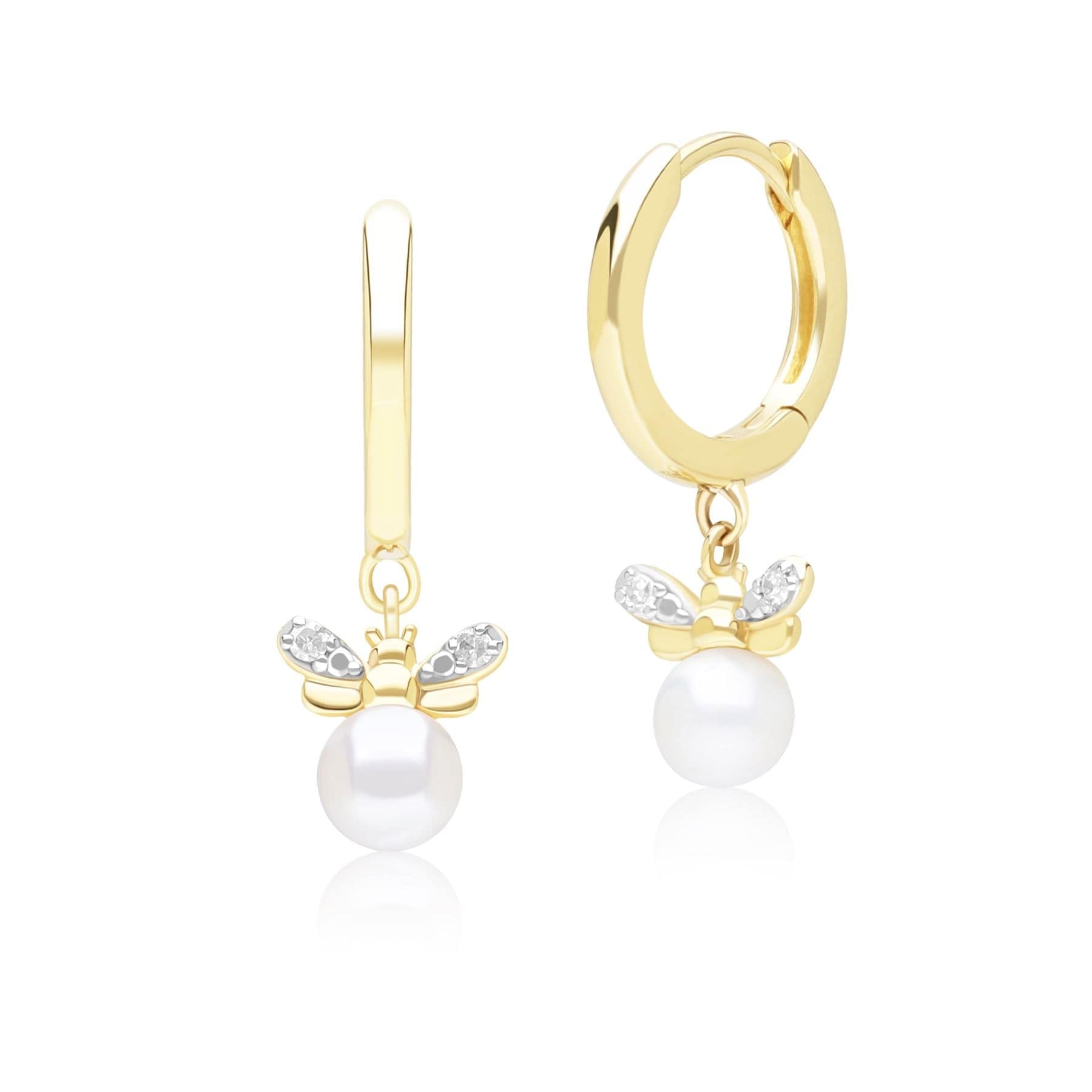 Honeycomb Inspired Pearl and Diamond Bee Hoop Earrings in 9ct Yellow GoldFront  135E1873019