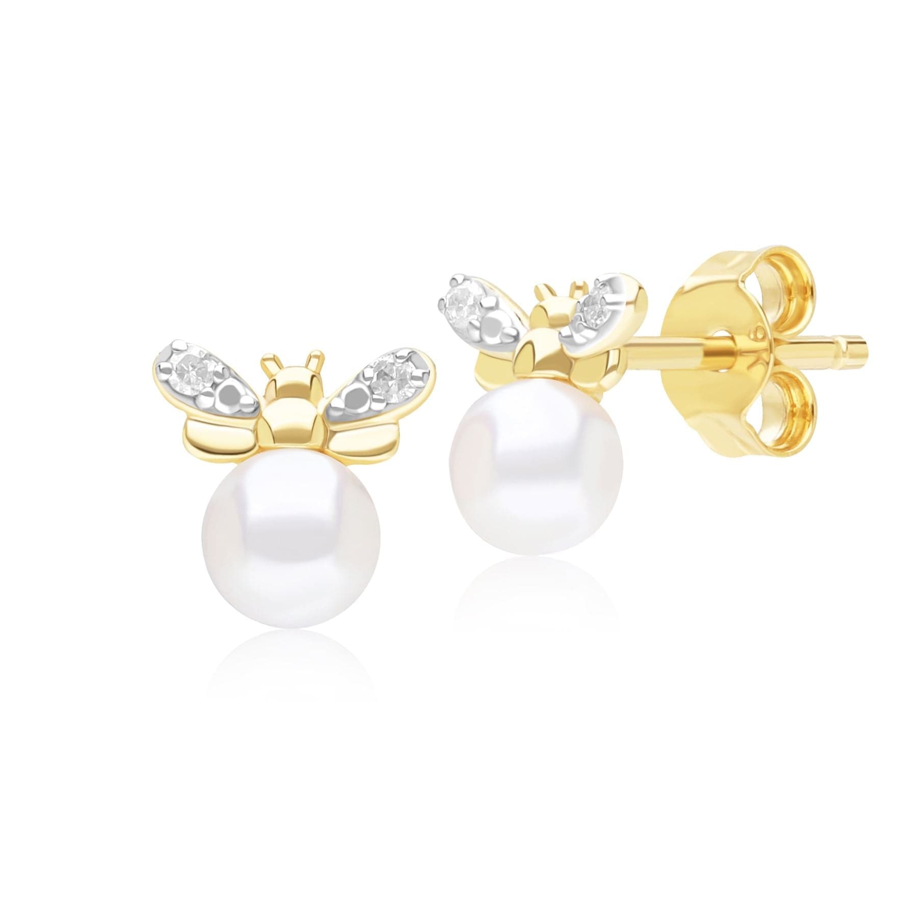 Honeycomb Inspired Pearl and Diamond Bee Stud Earrings in 9ct Yellow Gold Front  135E1871019