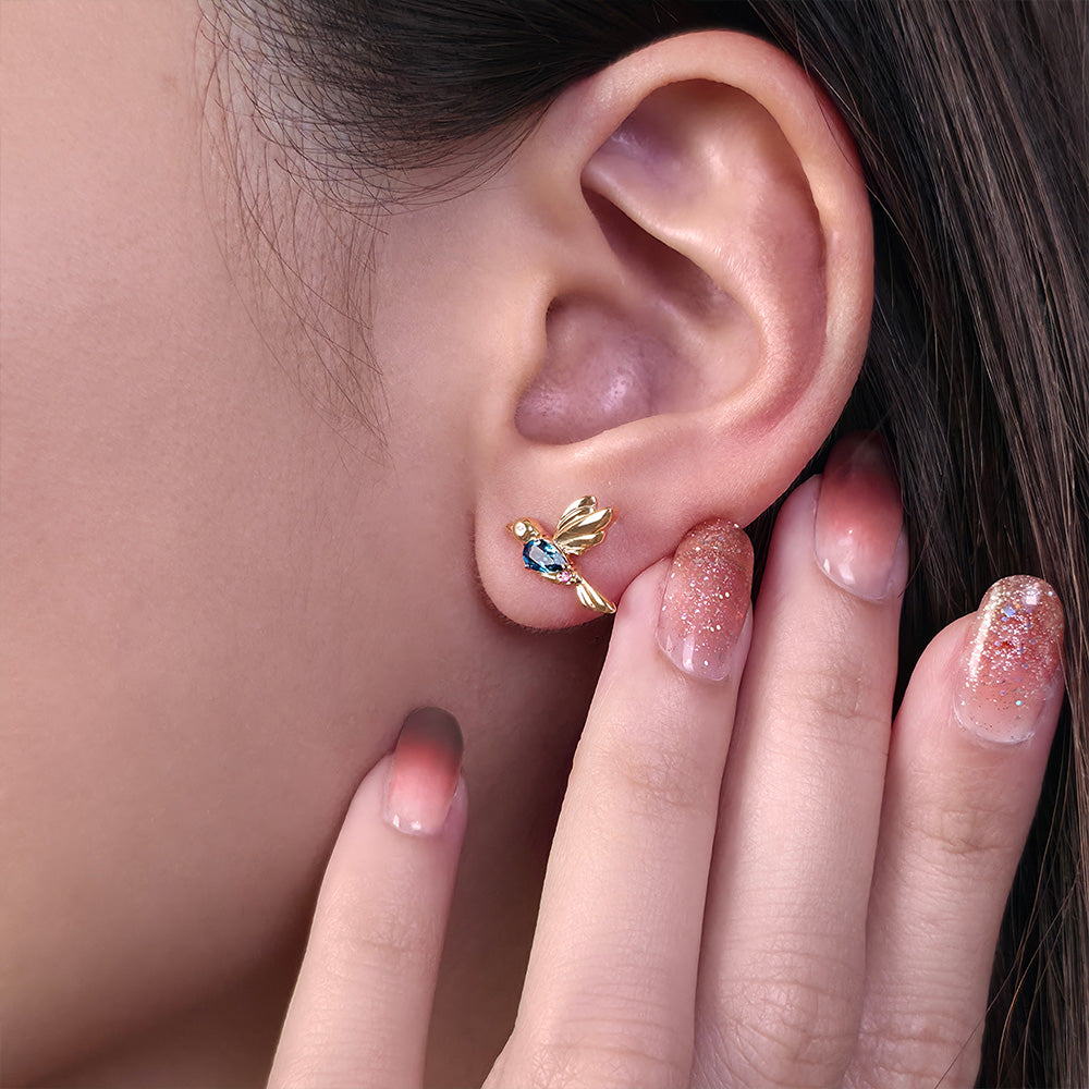 ECFEW™ Pink Amethyst and Blue Topaz Hummingbird Stud Earrings in 925 Sterling Silver